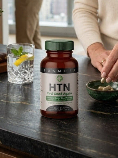 Woman sitting at a table with a bottle labeled 'HTN' and a man in the background.